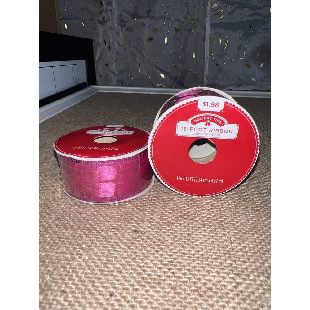 Holiday Time Pink Ribbon 1in x 15ft Wire Edged 2 Rolls Lot Metallic Pink Craft